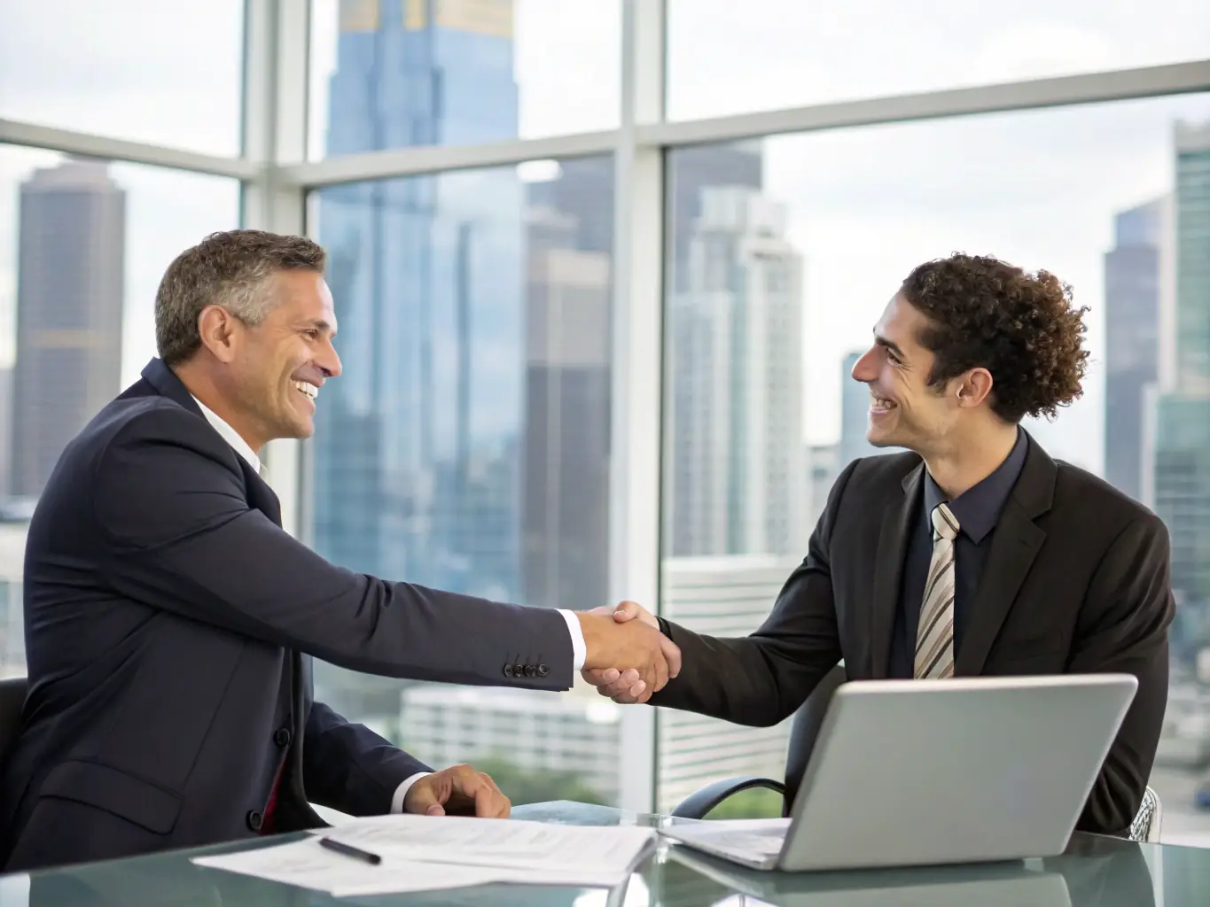 A professional businessman confidently shaking hands with an insurance advisor in a modern office setting, symbolizing trust and partnership in securing business insurance.