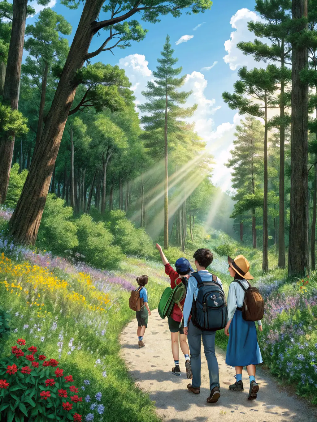 A family happily hiking in a sunny, green forest, representing the peace of mind that comes with having good health insurance.