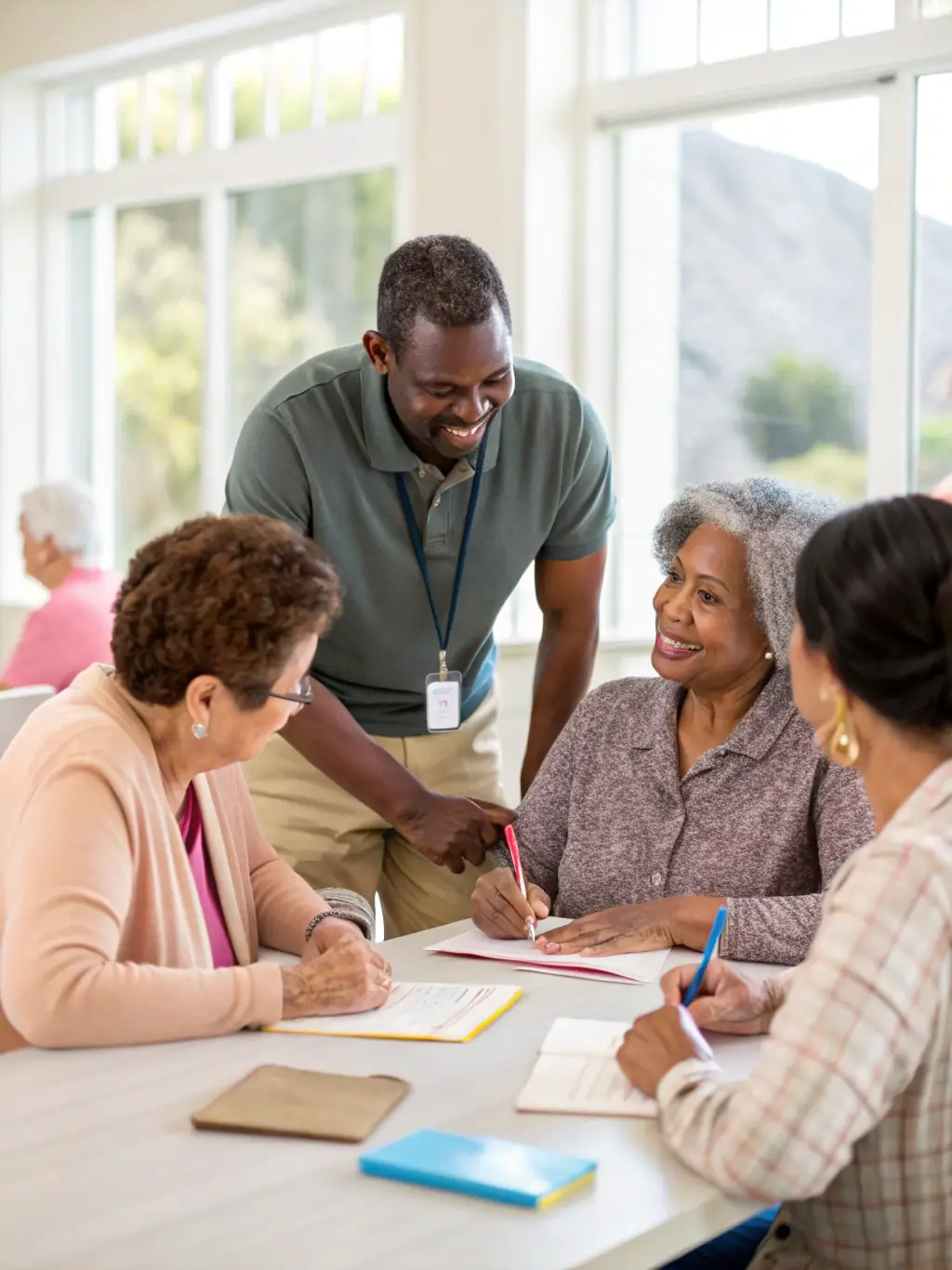 A diverse group of senior citizens participating in a Helping Hand Advisors Medicare workshop, actively engaged and asking questions.