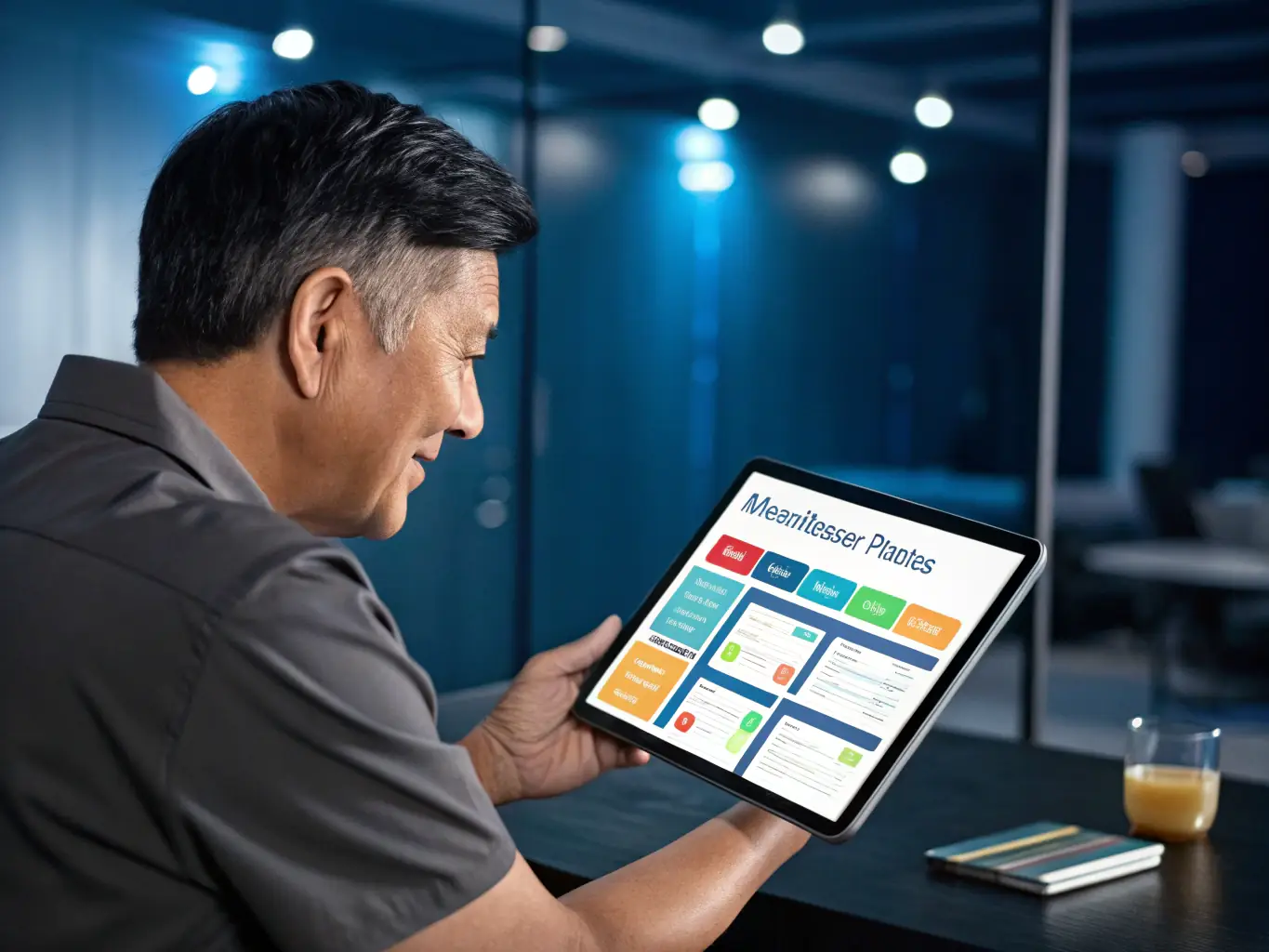 A person using a tablet to compare different Medicare plans, with charts and graphs illustrating the coverage and costs associated with each plan.