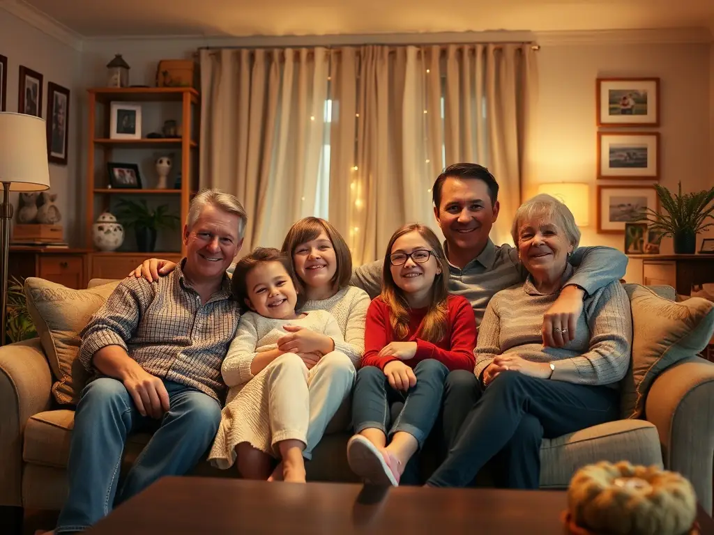 A family portrait showing parents and two children smiling, set in a warm, inviting home environment, symbolizing security and love. The image is used to represent the peace of mind that life insurance provides.