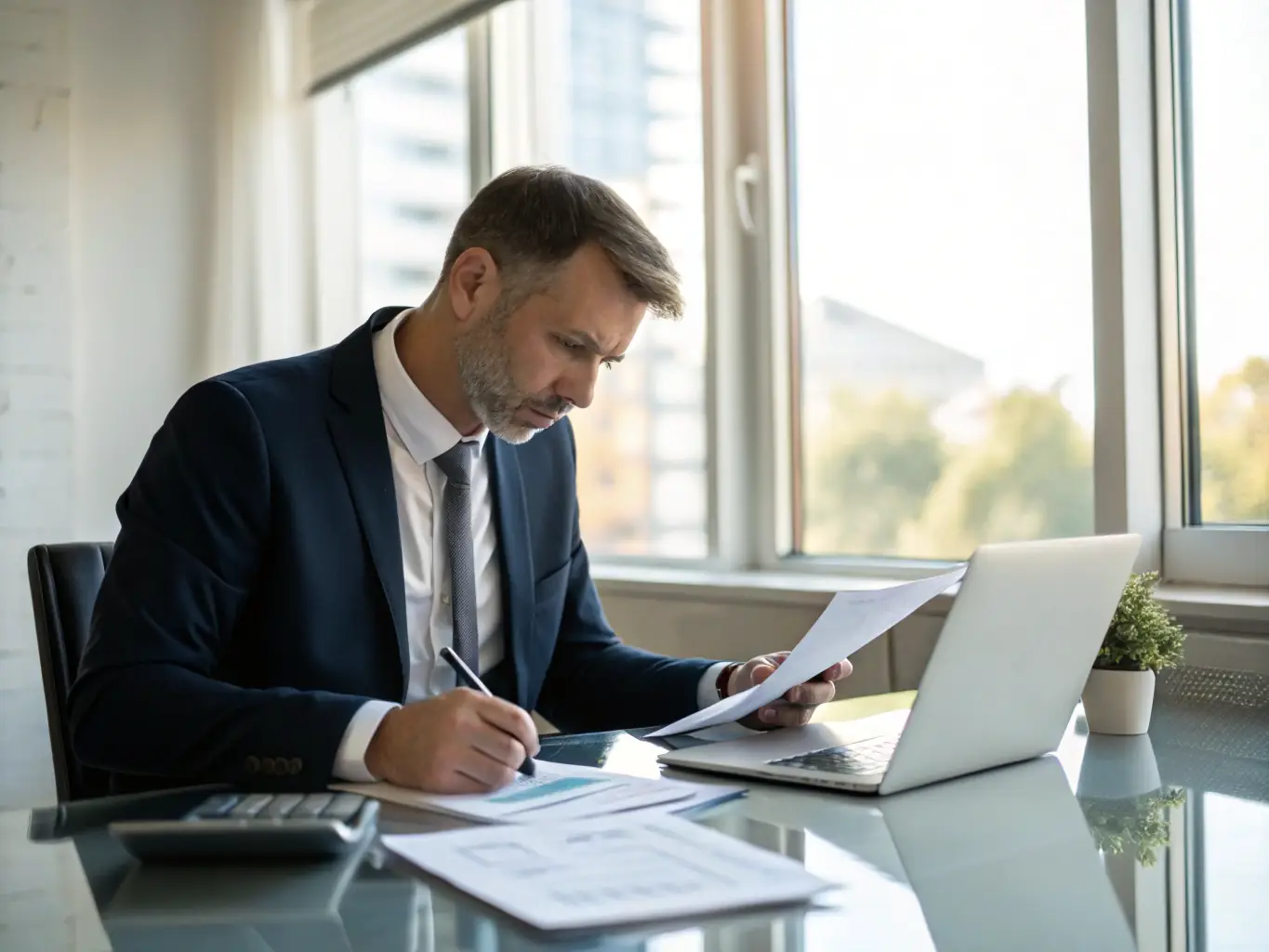 A professional individual sitting at a desk, reviewing financial documents with a calm and confident expression. The image is used to represent the stability and reliability of whole life insurance.