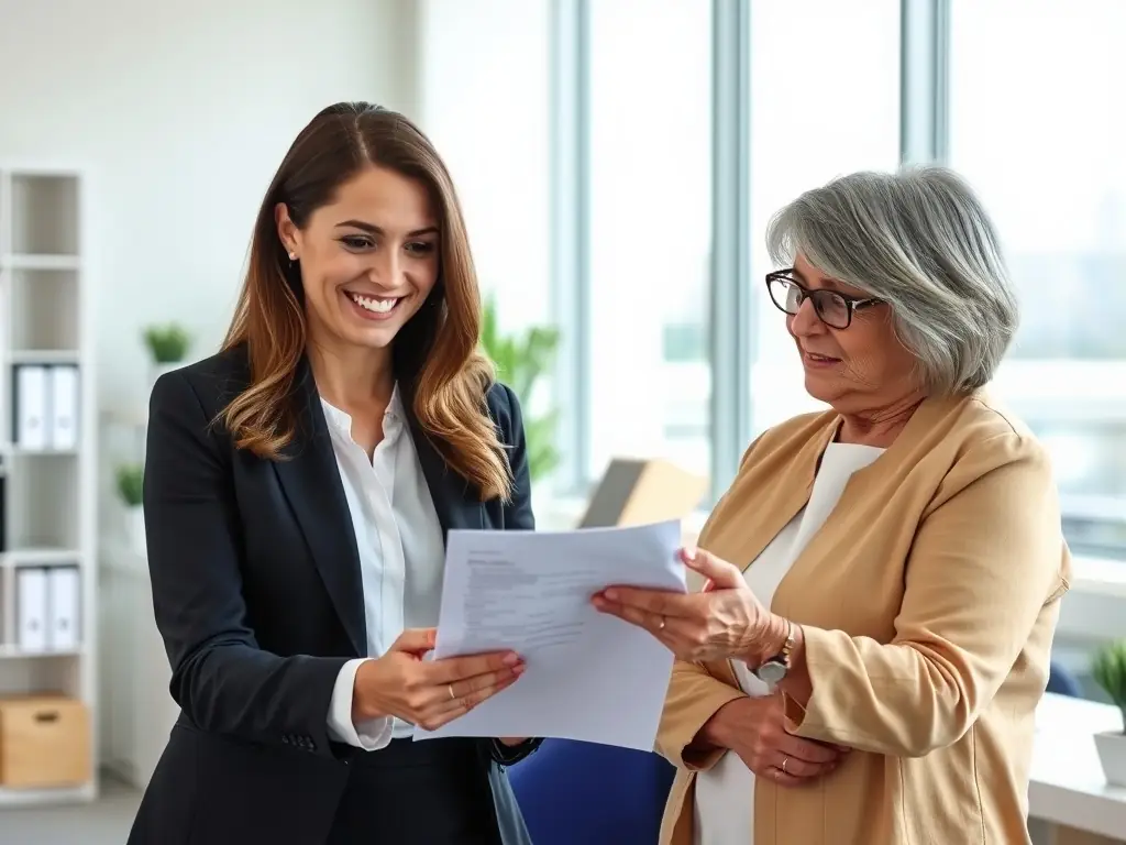 A friendly Helping Hand Advisors representative explaining Medicare options to a client in a comfortable office setting, emphasizing personalized service and support.