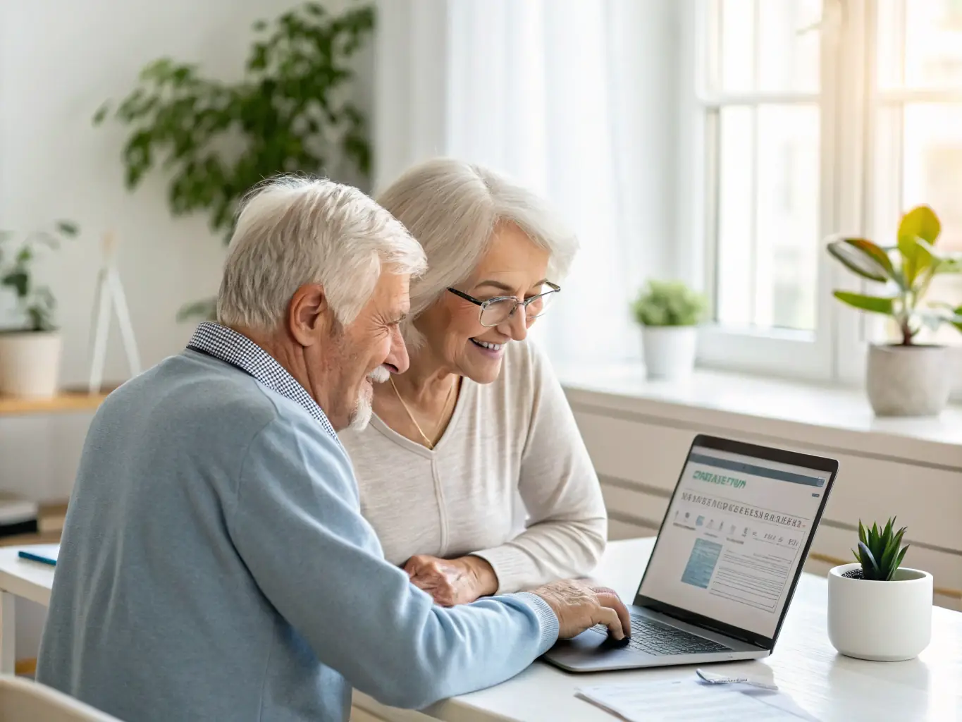 A senior couple smiling and reviewing Medicare plan documents together at their kitchen table, with a laptop displaying the Helping Hand Advisors website in the background.